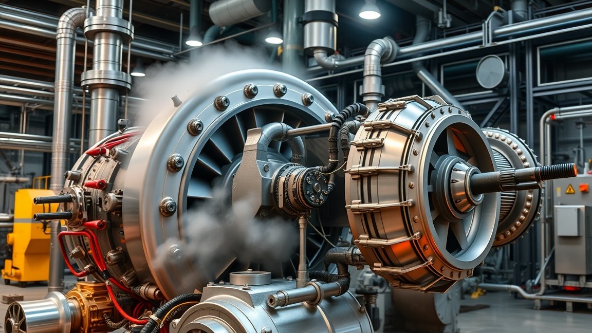 Gőzturbina részletek egy modern energiatermelő létesítményben.