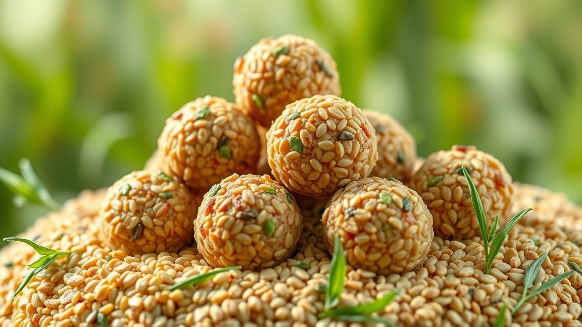 Kölesgolyók egészséges snack formájában, szezámmag bevonattal