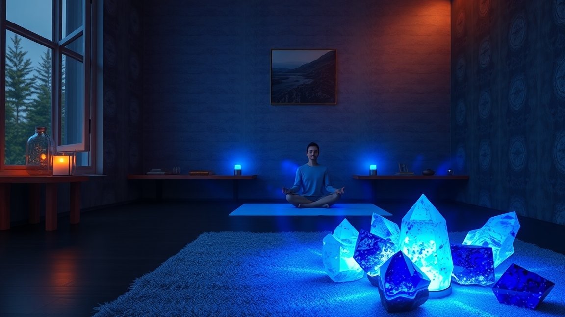 Meditáló nő lapis lazuli kristályok között egy szobában