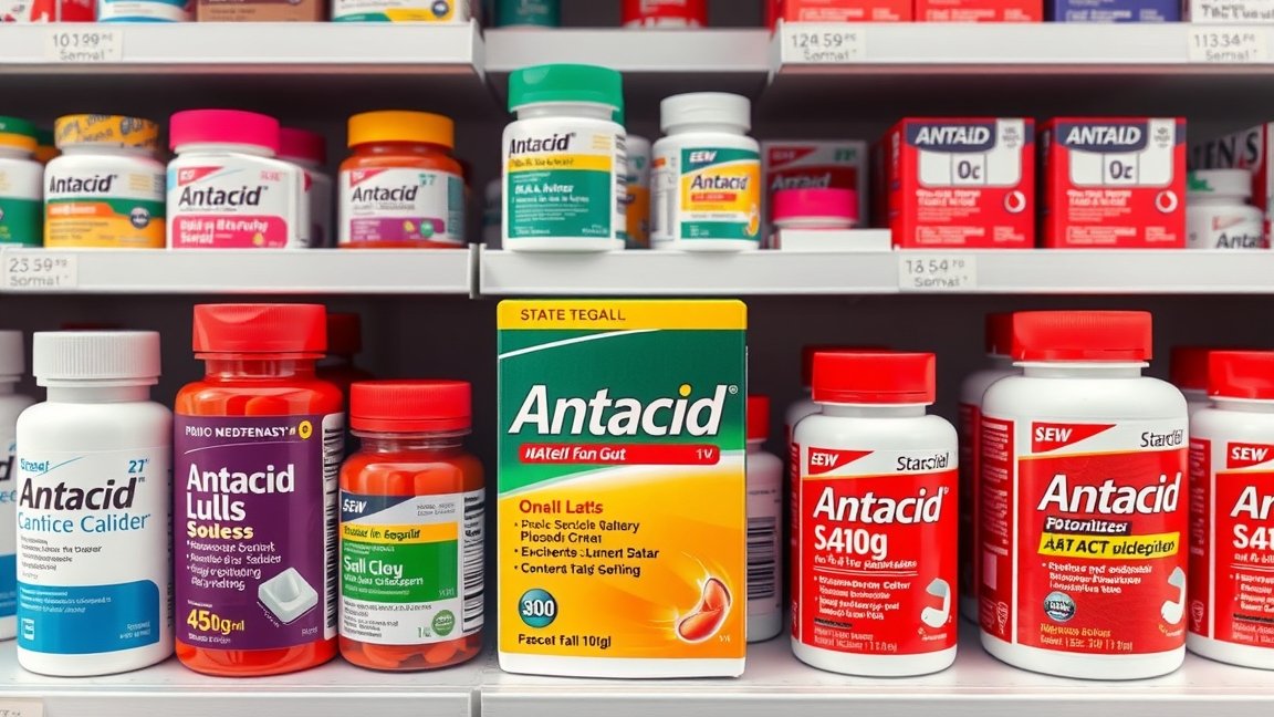 Savlekötők különböző márkái gyomorégés ellen a gyógyszertár polcán.
