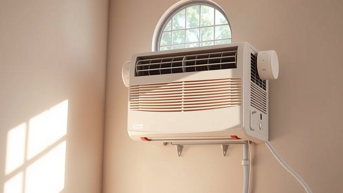 Légkondicionáló a falon, nyári hőségben hűtő levegőt fújva.