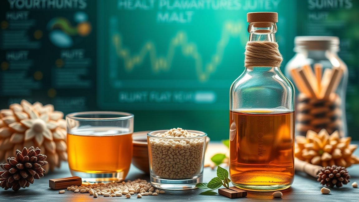 Máltás ital és összetevők, egészségi előnyök diagrammal a háttérben