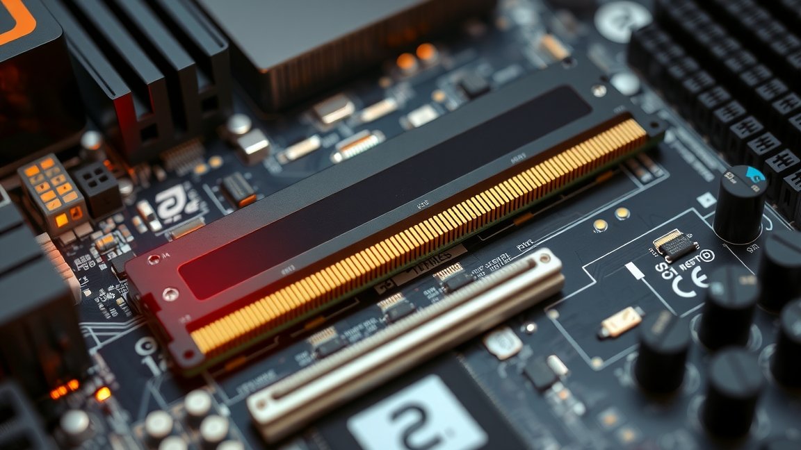 RAM modul a számítógép alaplapján, amely a teljesítményt növeli.