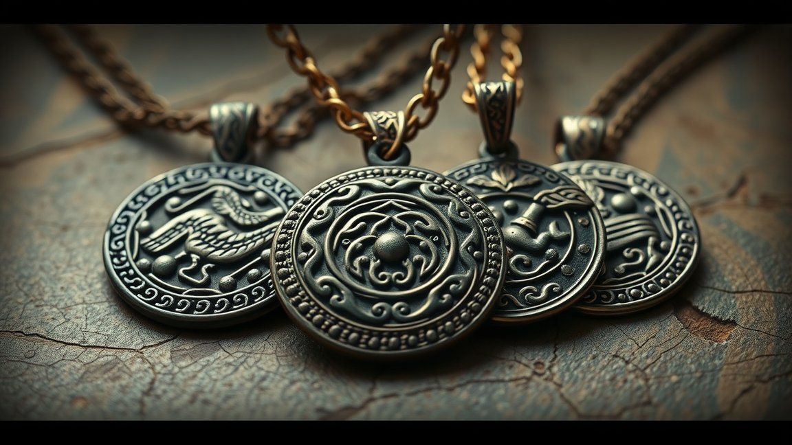 Ötvözött medálok történelmi mintákkal és szimbolikával.