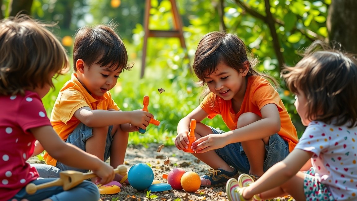 Gyerekek kreatív módon játszanak szabadtéren, fejlesztve önismeretüket.