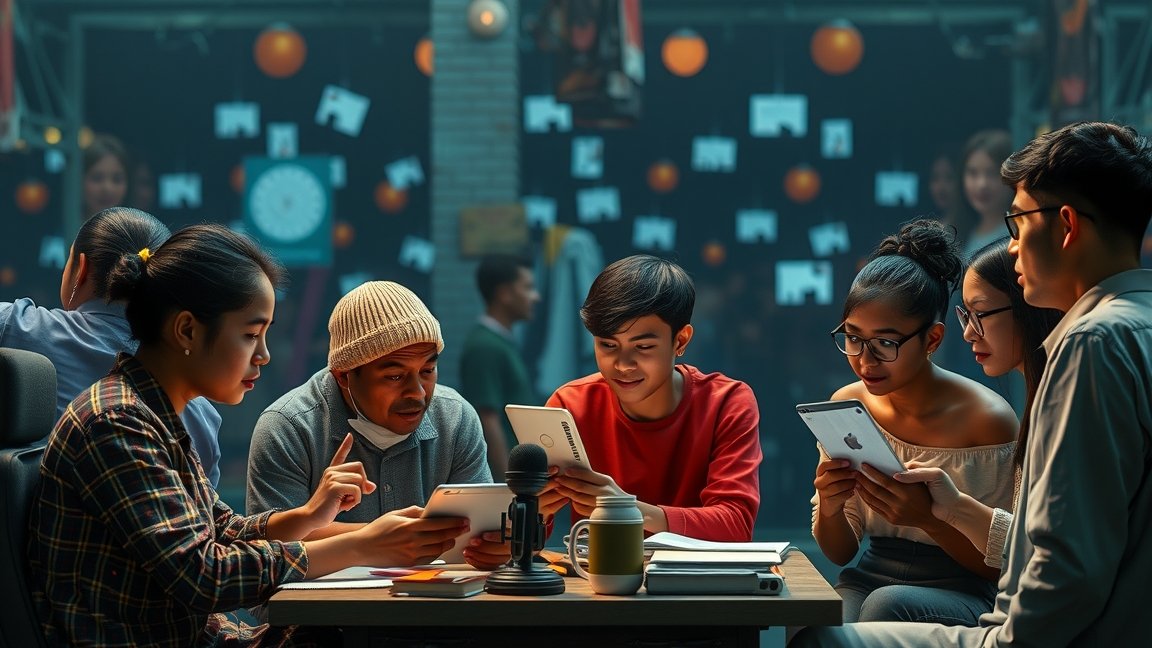 Csoport fiatalok, akik digitális eszközöket használnak kommunikációra.
