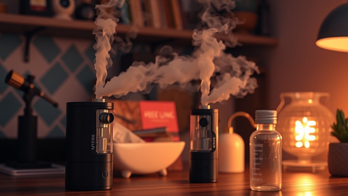 Két vaporizátor füstöt ereget, otthoni környezetben.