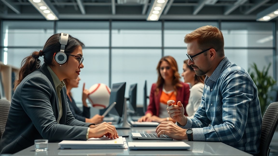 Két ember beszélget egy modern irodában, egyikük fülhallgatót visel.