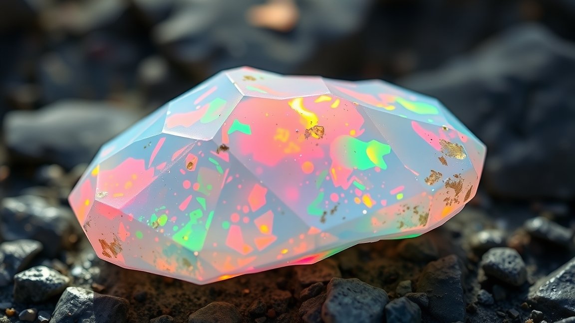 Színpompás Andok opál különböző színekben egy köves talajon.