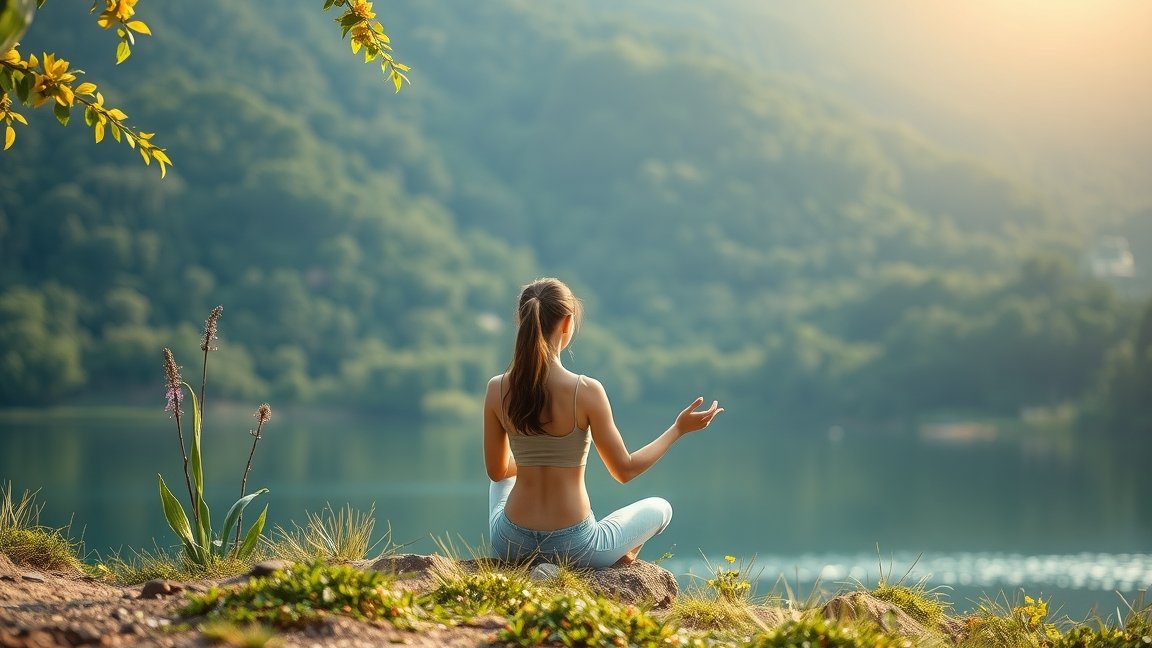 Egy nő meditál a természetben, relaxál és feltöltődik.