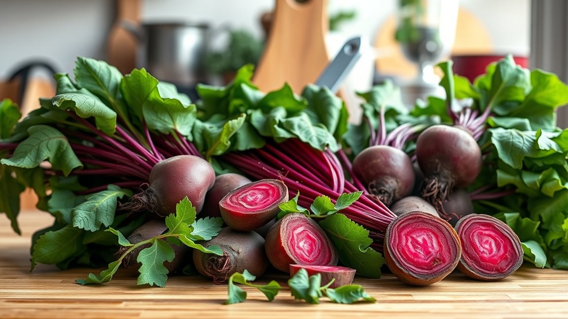 Friss cékla zöld levelekkel az asztalon