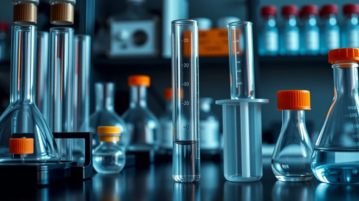 Laboratóriumi üvegwarek és epruvetták a tudományos kísérletekhez.