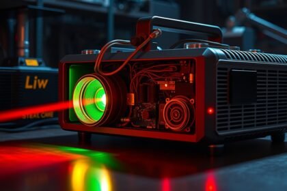 Modern lézerprojektor részletes belső szerkezettel és fényforrással.