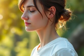 Nő orrlégzést gyakorol a természetben, javítva közérzetét.