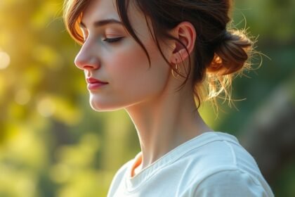 Nő orrlégzést gyakorol a természetben, javítva közérzetét.