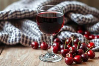 Egy pohár meggybór friss meggyel, háttérben konyharuha