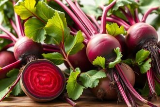 Friss cékla és levelei, gazdag tápanyagokban és antioxidánsokban.