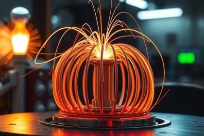 Tesla-gomb működése elektromágneses indukcióval és kisülésekkel