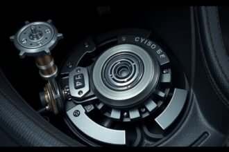 Kuplung mechanizmus részlete egy autóban, bemutatva a pedál működését.