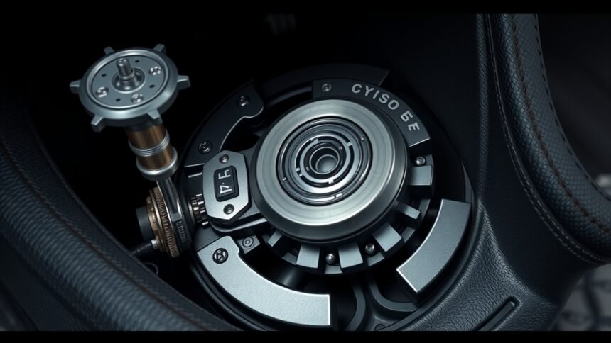 Kuplung mechanizmus részlete egy autóban, bemutatva a pedál működését.