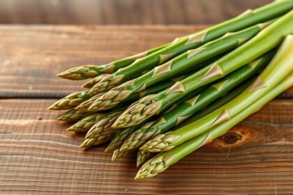 Friss spárga a fából készült asztalon, egészséges táplálkozásért.