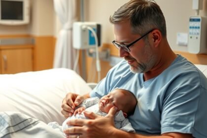 Apa tartja a újszülött gyermeket a kórházi szobában.