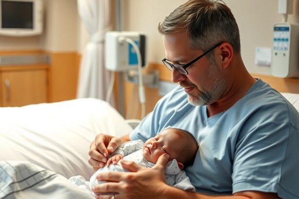 Apa tartja a újszülött gyermeket a kórházi szobában.