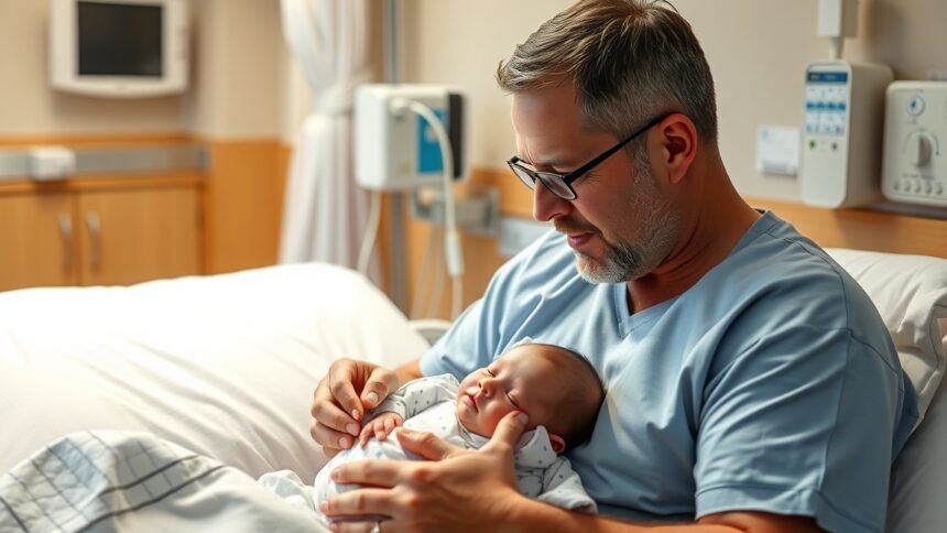 Apa tartja a újszülött gyermeket a kórházi szobában.