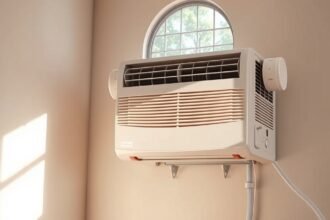 Légkondicionáló a falon, nyári hőségben hűtő levegőt fújva.