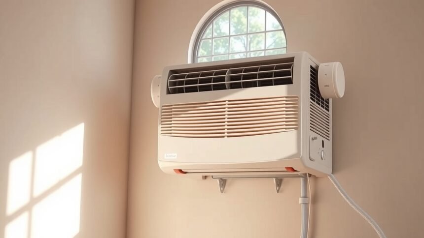 Légkondicionáló a falon, nyári hőségben hűtő levegőt fújva.