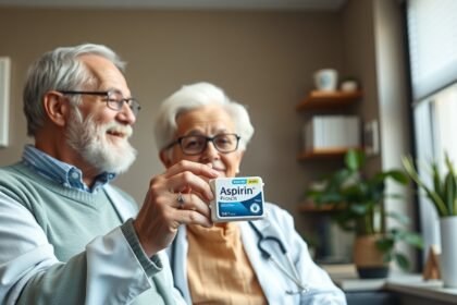 Két idős ember mosolyogva tartja az Aspirin Protect 100 dobozát.