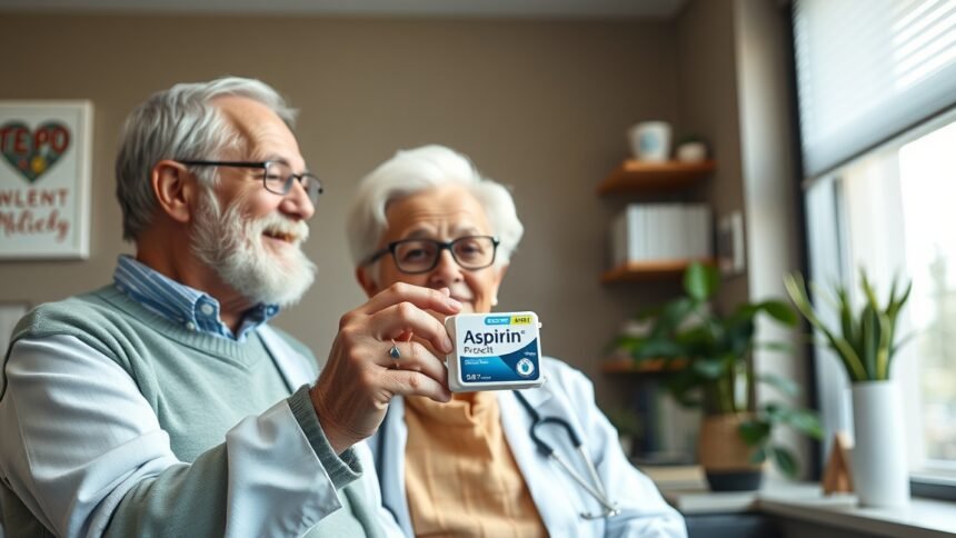 Két idős ember mosolyogva tartja az Aspirin Protect 100 dobozát.