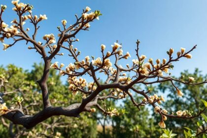Tömjénfa ág virágzó levelekkel és virágokkal, az ég alatt
