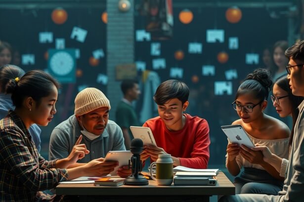 Csoport fiatalok, akik digitális eszközöket használnak kommunikációra.