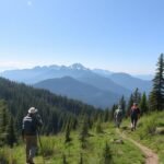 Túrázók hegyvidéki úton, körülöttük gyönyörű természet.