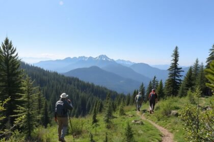 Túrázók hegyvidéki úton, körülöttük gyönyörű természet.