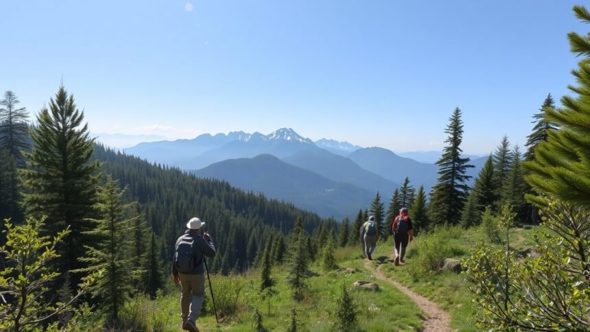 Túrázók hegyvidéki úton, körülöttük gyönyörű természet.