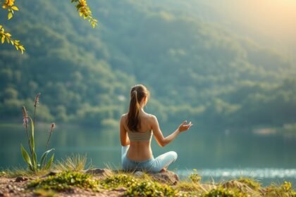 Egy nő meditál a természetben, relaxál és feltöltődik.