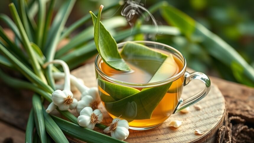 Friss medvehagyma tea fokhagymával és zöld levelekkel.