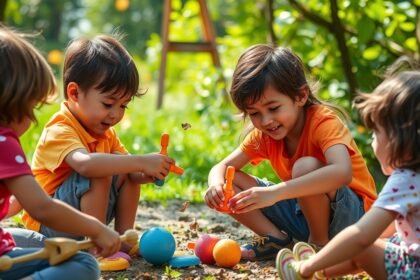 Gyerekek kreatív módon játszanak szabadtéren, fejlesztve önismeretüket.