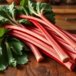 Friss rebarbara szálak zöld levelekkel, egészséges étkezéshez.