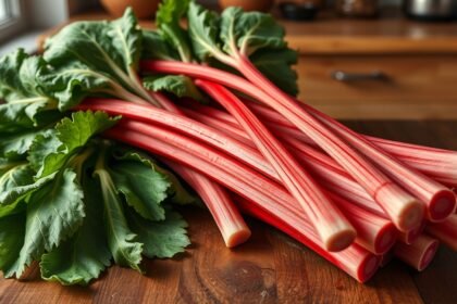 Friss rebarbara szálak zöld levelekkel, egészséges étkezéshez.