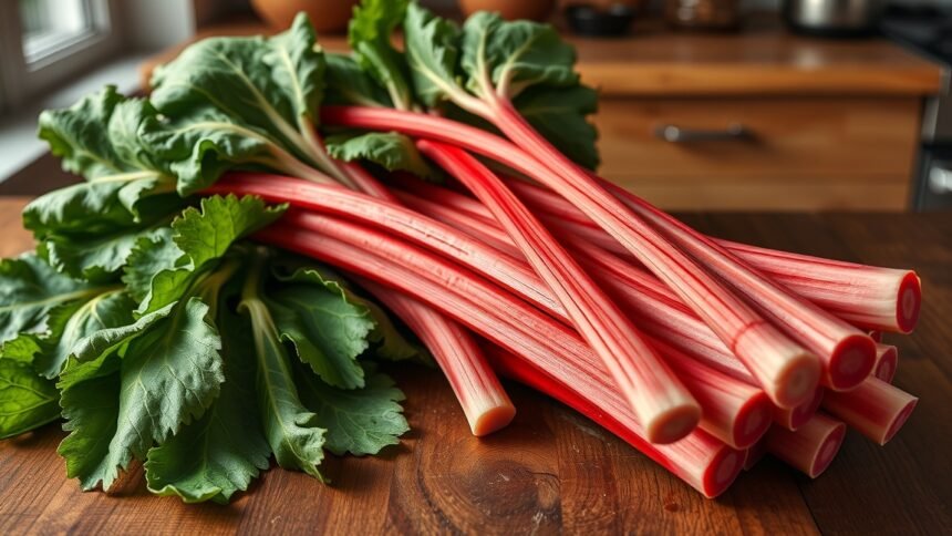 Friss rebarbara szálak zöld levelekkel, egészséges étkezéshez.