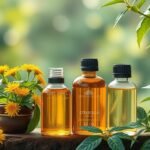 Citronella olaj üvegpalackok virágokkal és zöld levelekkel