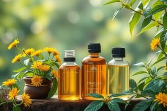 Citronella olaj üvegpalackok virágokkal és zöld levelekkel