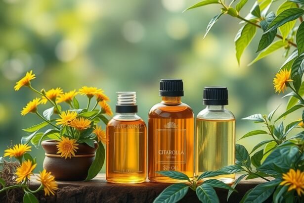 Citronella olaj üvegpalackok virágokkal és zöld levelekkel