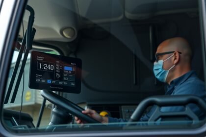 Digitális tachográf a teherautó kabinjában, vezetési adatokat mutat.