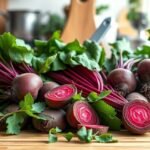 Friss cékla zöld levelekkel az asztalon