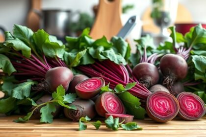 Friss cékla zöld levelekkel az asztalon