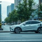 Öntöltő hibrid autó töltőállomásnál a városban.